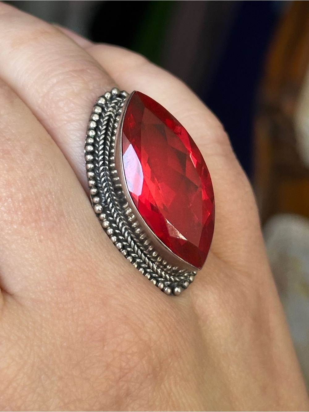 Red Spinel Sterling Silver Size 8 Marquise Navette 29.5mm Cocktail Ring - Picture 4 of 12